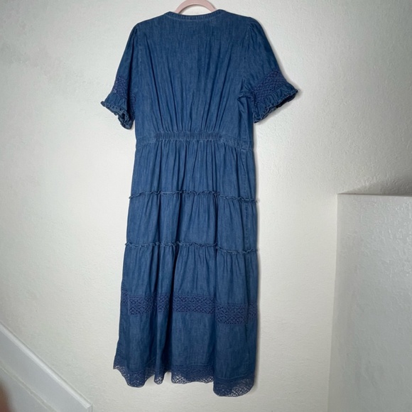 Gap x LoveShackFancy Chambray Tiered Midi Dress Size L Blue Button Down - Picture 2 of 16